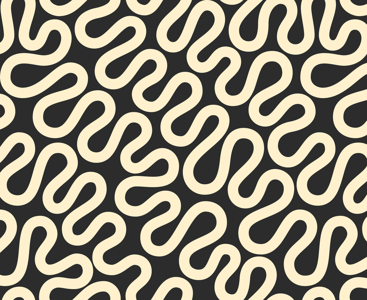Ivory squiggle design on a black background – Groove Tuxedo fabric by Emily Van Hoff for Moda