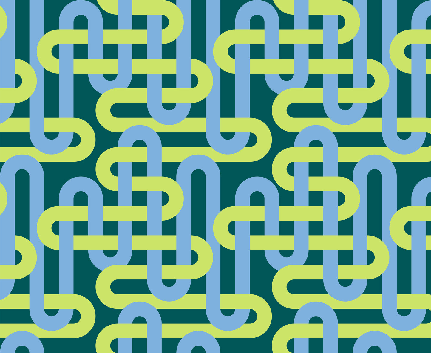 Light blue and citron green interwoven loop design on a dark green background – Groove Verdant Green fabric by Emily Van Hoff for Moda