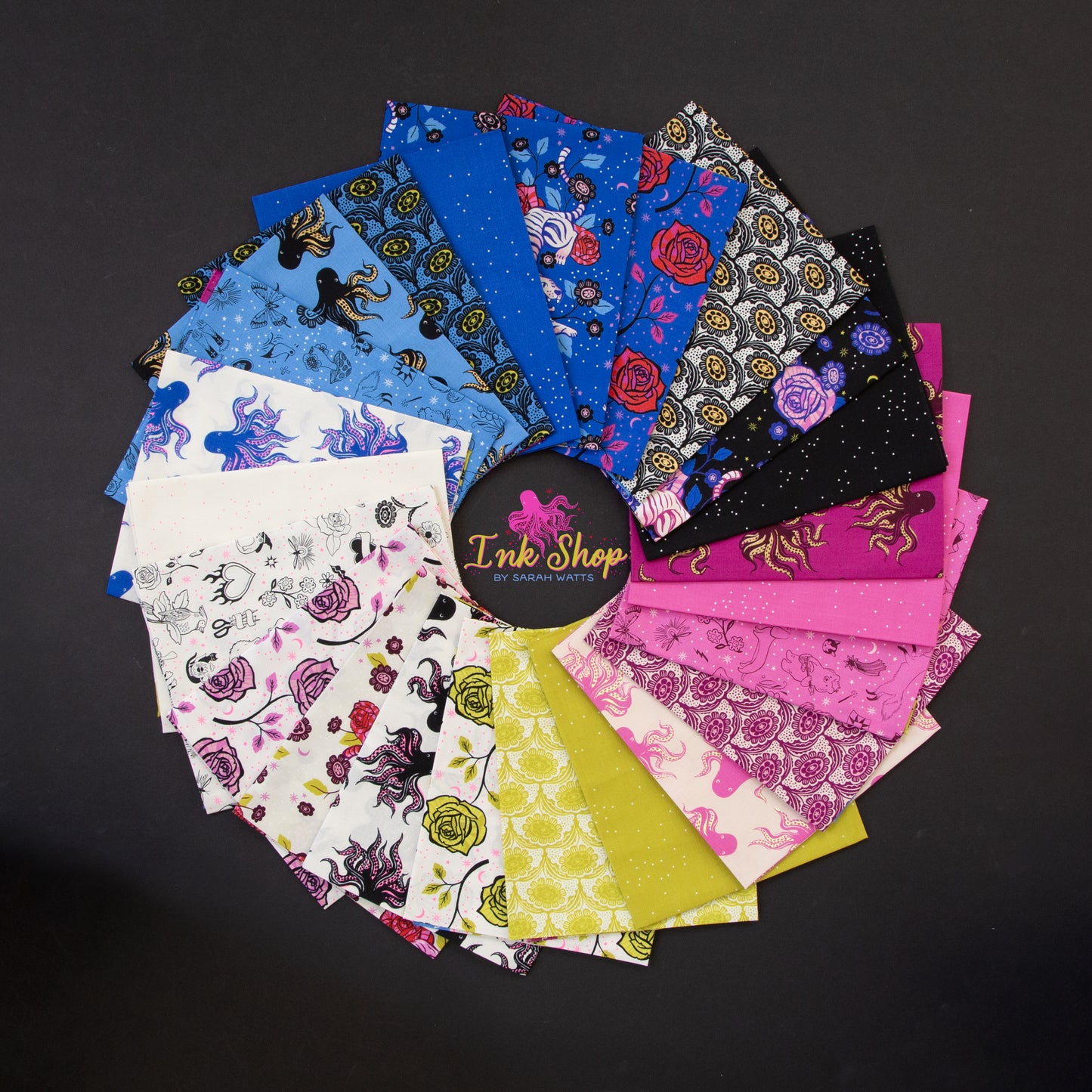 Collection of patterned fabric swatches on a dark background with 'Ink Shop' branding.