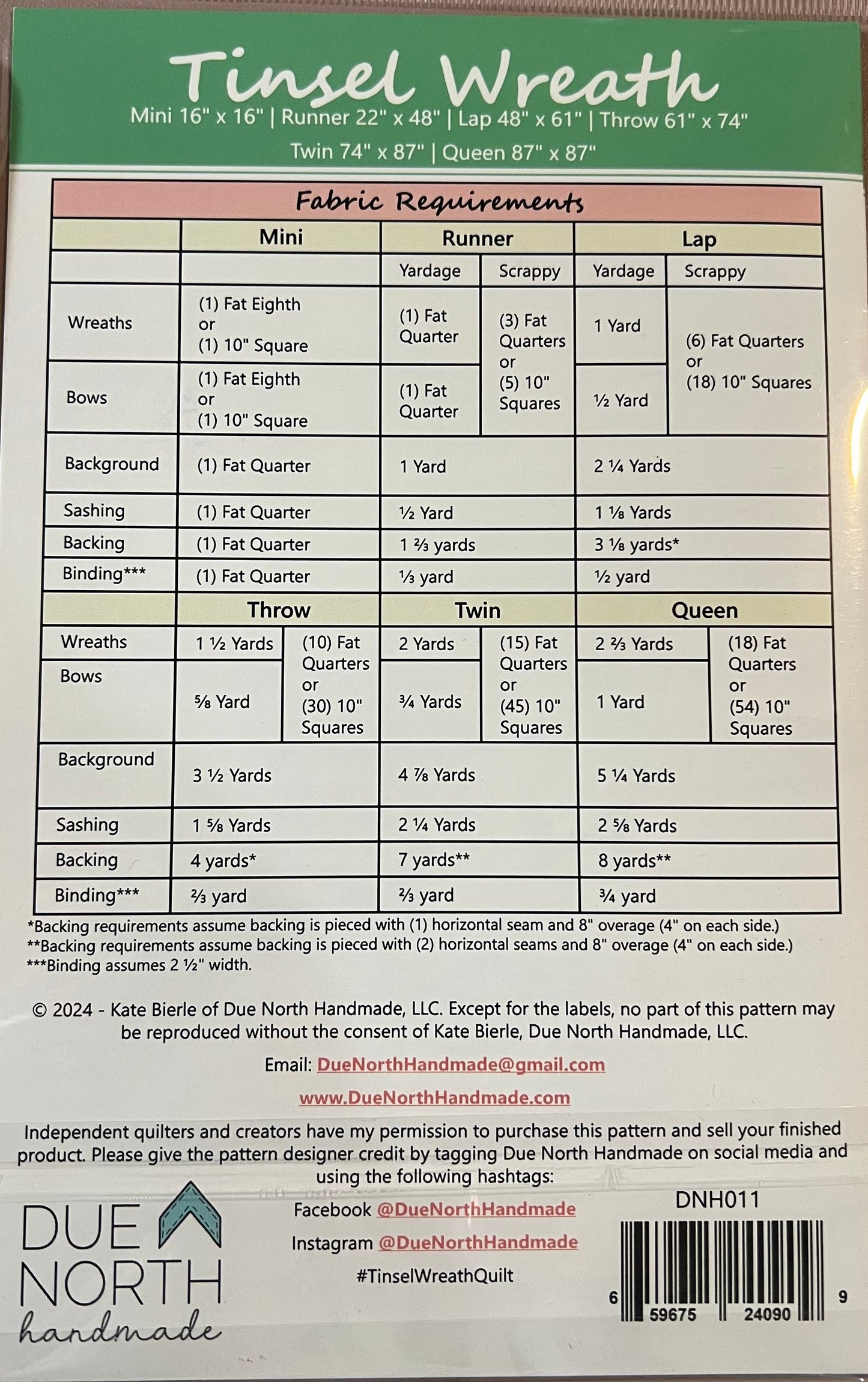 Fabric requirements chart for a tinsel wreath on a green label with text and a barcode.