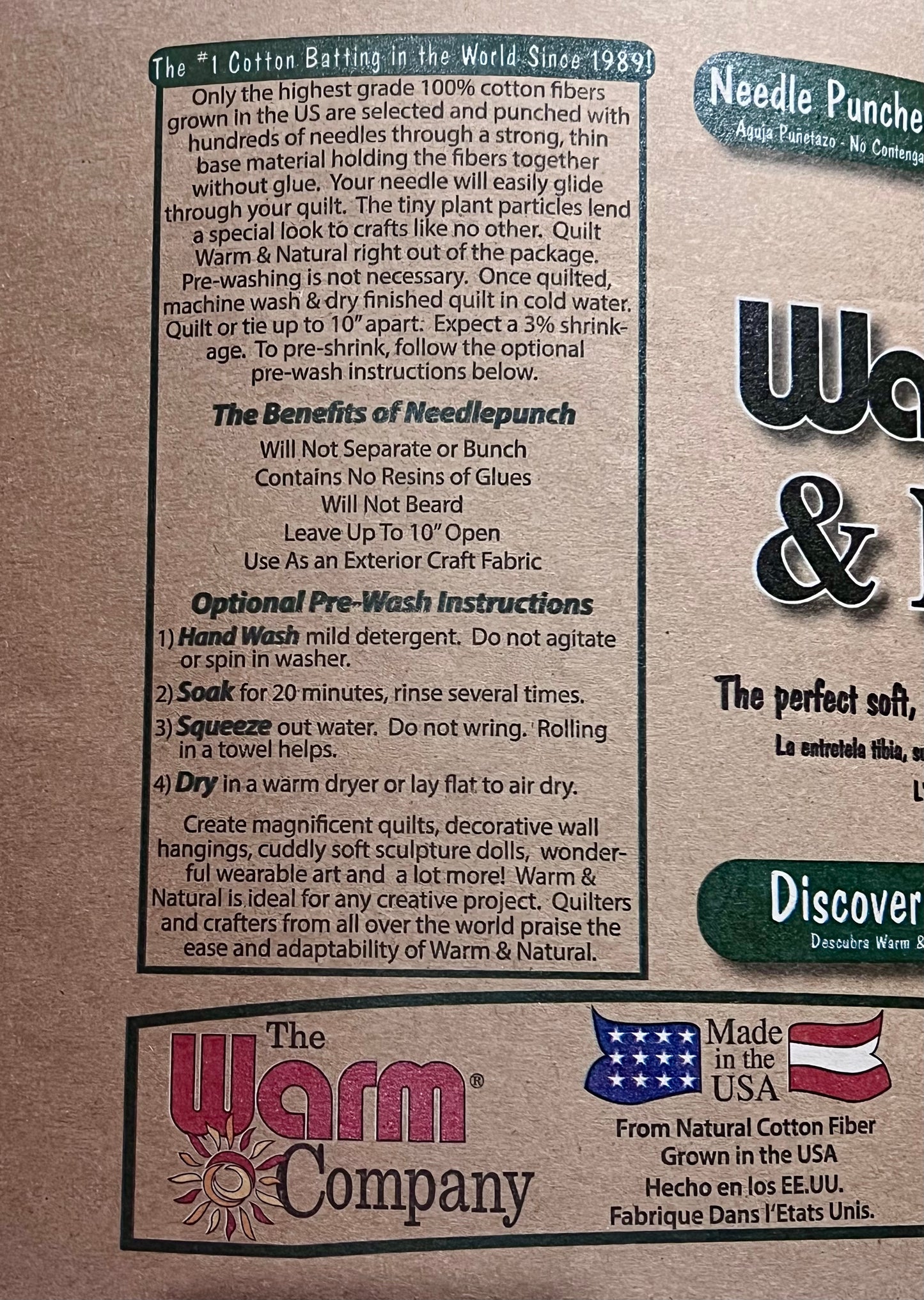 Product packaging for Warm & Natural batting with text and branding details.