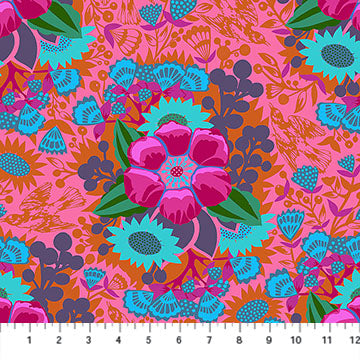 Colorful floral pattern on a pink background with a ruler at the bottom.
