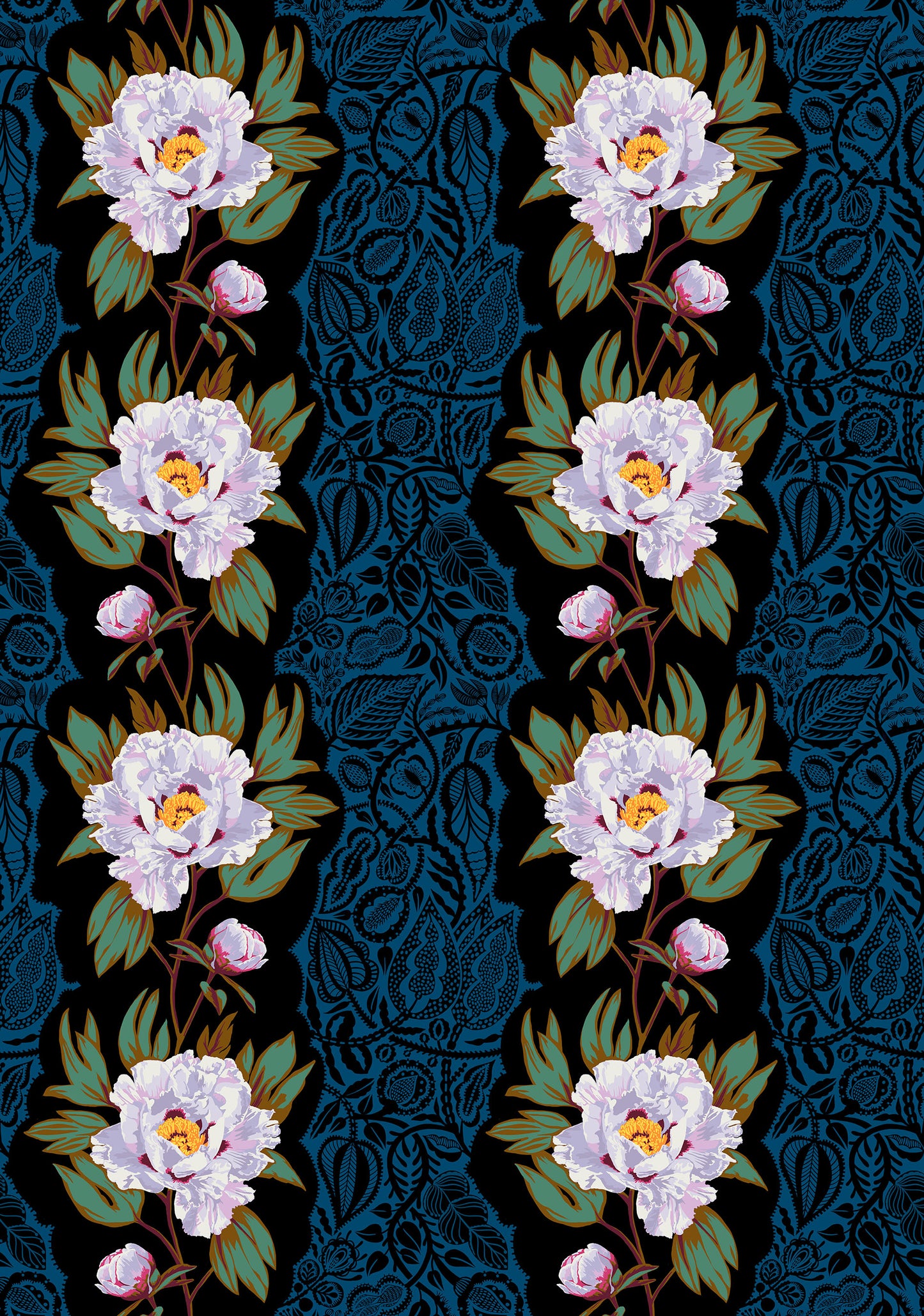Decorative pattern with white flowers and blue lace on a dark background