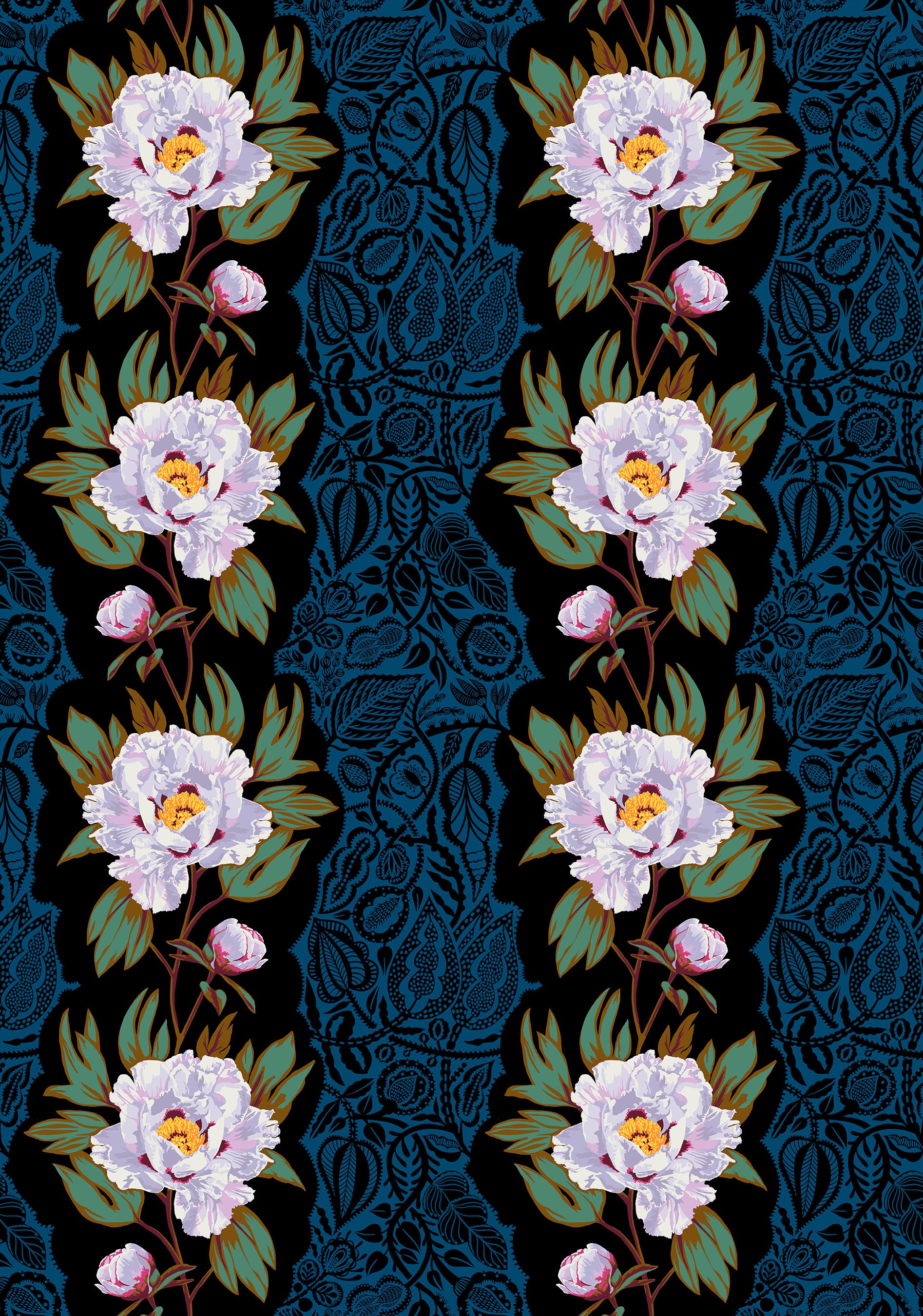 Decorative pattern with white flowers and blue lace on a dark background