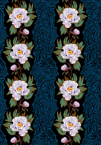 Decorative pattern with white flowers and blue lace on a dark background