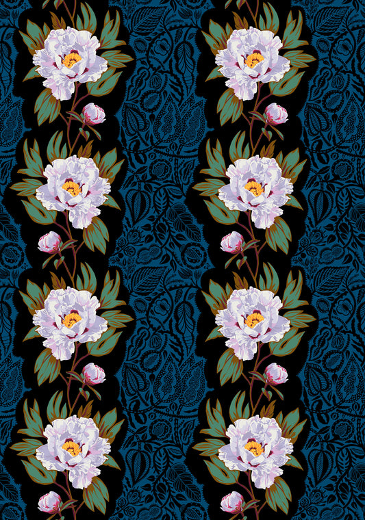 Decorative pattern with white flowers and blue lace on a dark background