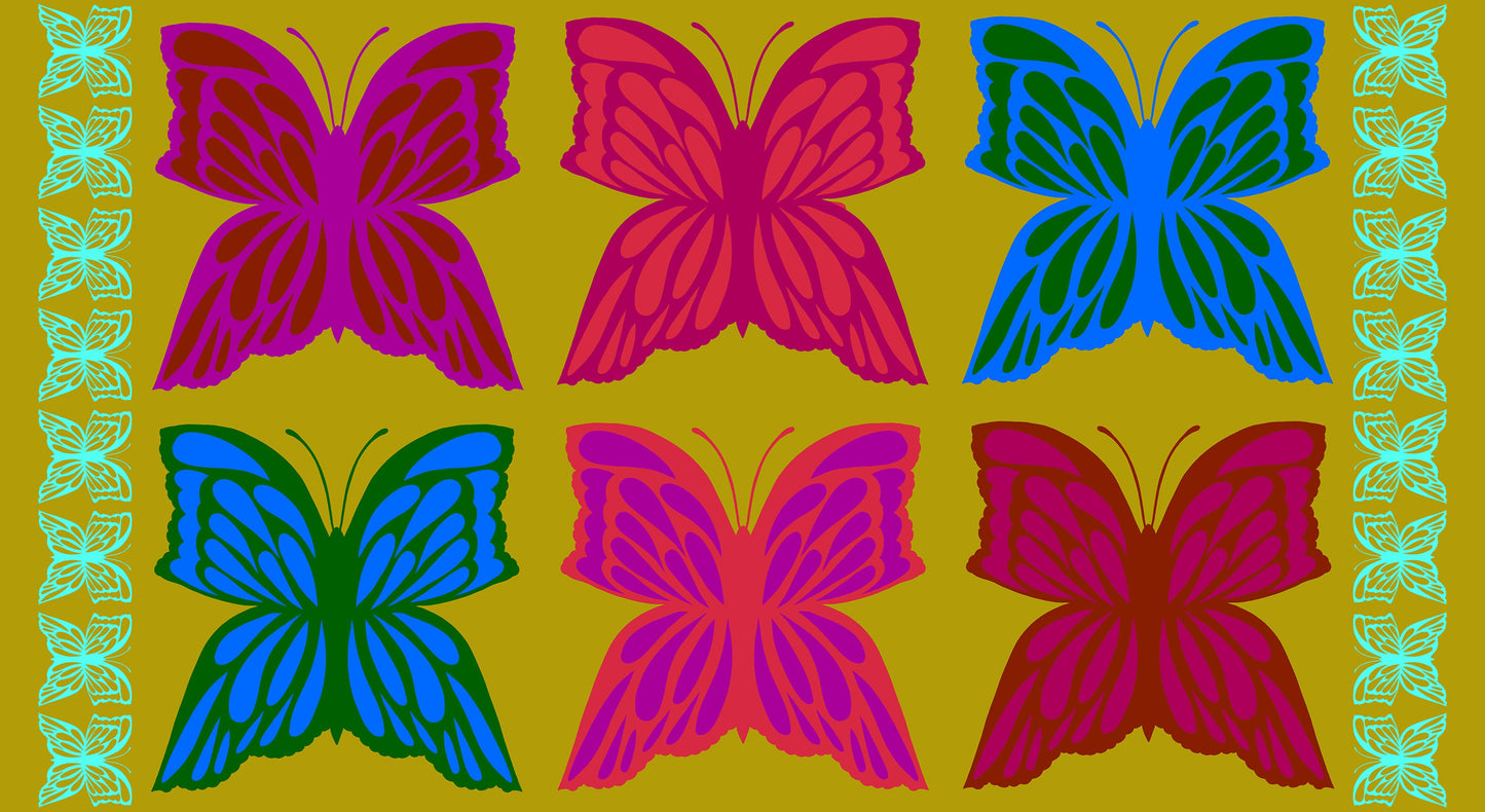 Pattern of colorful butterflies on a yellow background with green border
