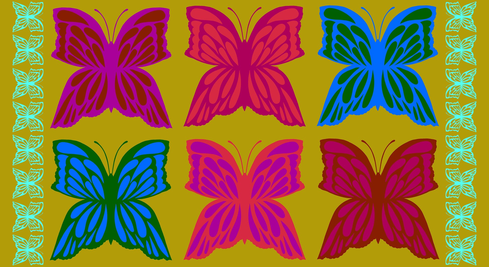 Pattern of colorful butterflies on a yellow background with green border