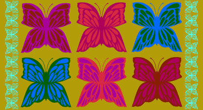 Pattern of colorful butterflies on a yellow background with green border
