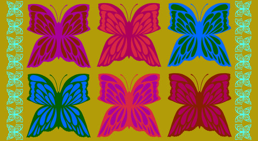 Pattern of colorful butterflies on a yellow background with green border