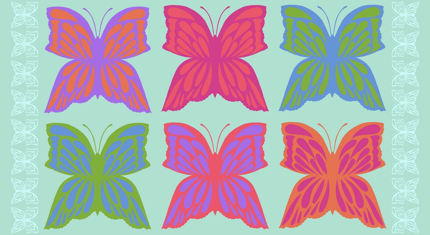 Pattern of colorful butterflies on a light blue background