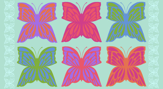 Pattern of colorful butterflies on a light blue background