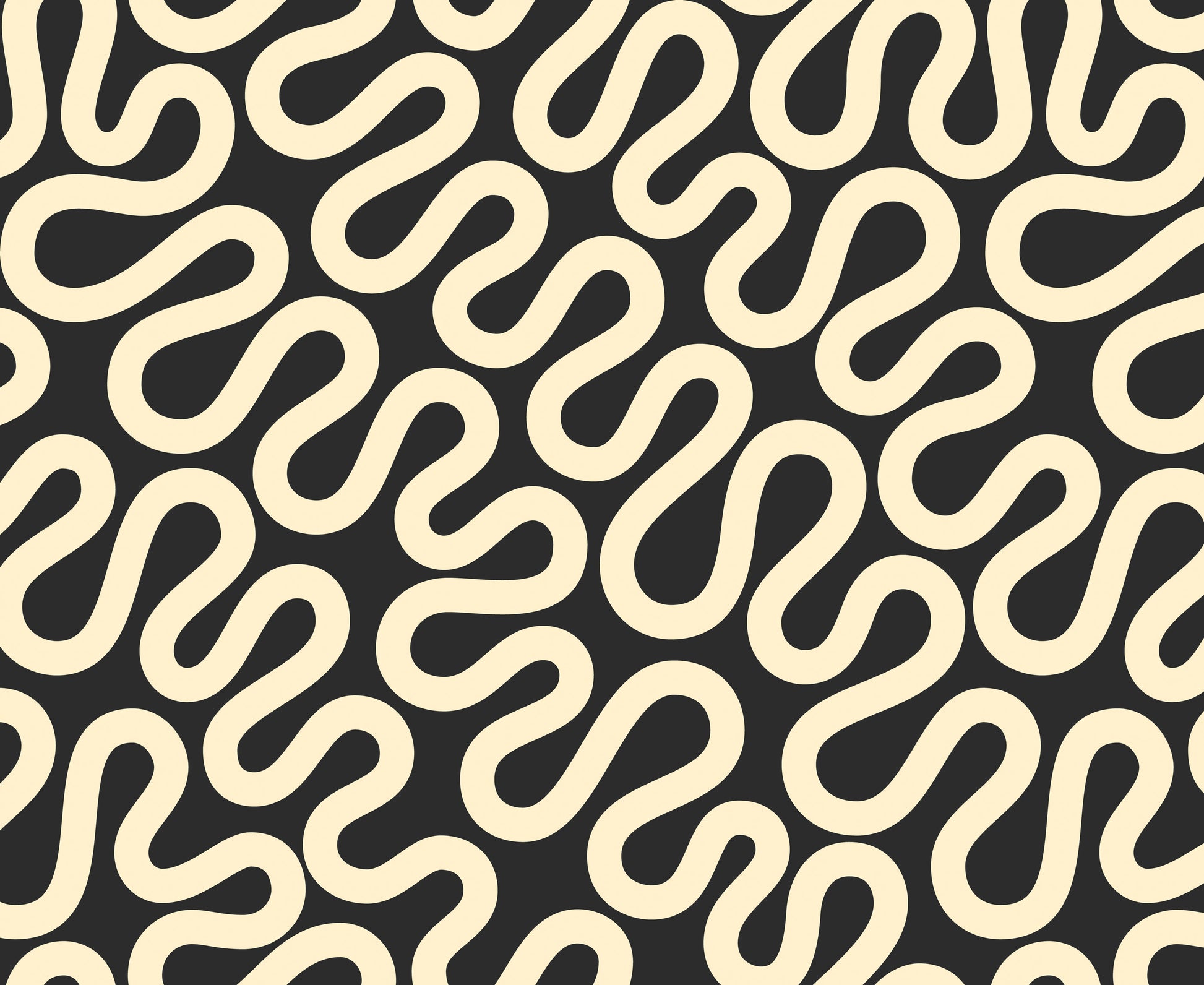 Ivory squiggle design on a black background – Groove Tuxedo fabric by Emily Van Hoff for Moda
