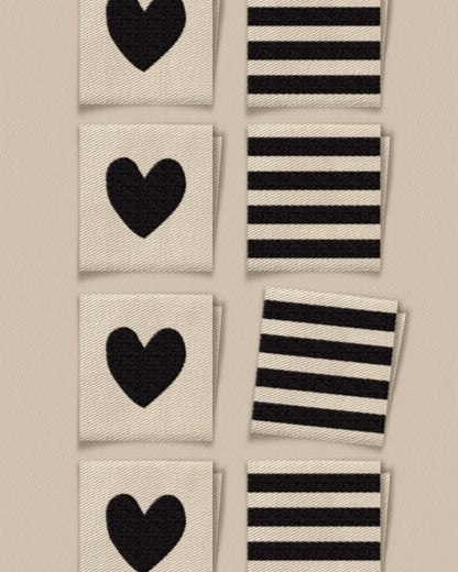 Black Heart and Stripe Square Garment Labels – Set of 8