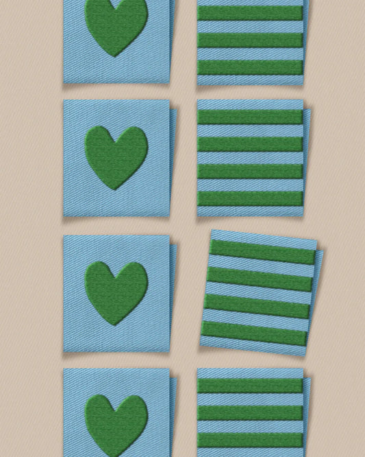 Green Heart and Stripe Square Garment Labels – Set of 8