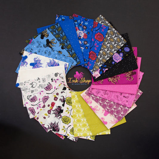 Collection of patterned fabric swatches on a dark background with 'Ink Shop' branding.
