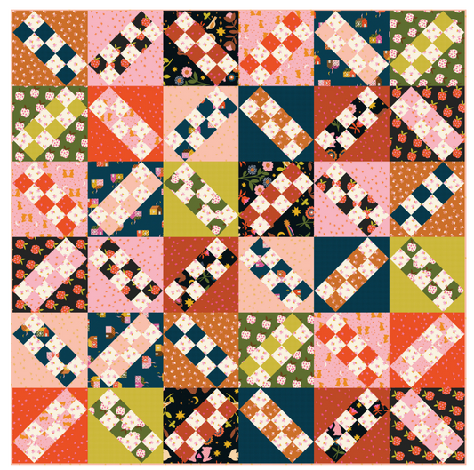 Colorful patchwork quilt with various patterns and colors.