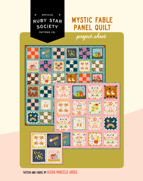 Ruby Star Society Mystic Fable Panel Quilt project sheet with colorful quilt design on a beige background