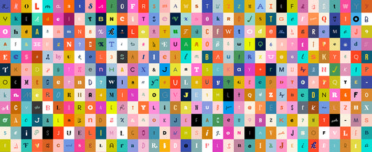 Selvedge letters multi - alphabet letter blocks in colorful patchwork style on quilting cotton