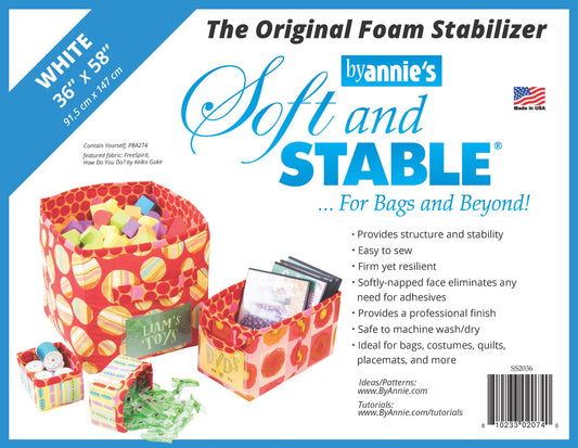 Product packaging for 'Soft and Stable' foam stabilizer by Annie's with images of bags and text on a blue background.
