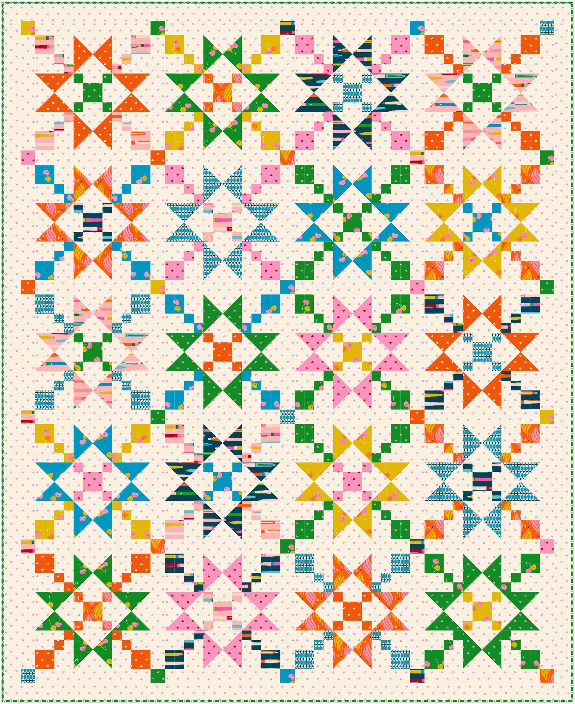 Colorful quilt with geometric pattern on a white background