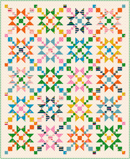 Colorful quilt with geometric pattern on a white background