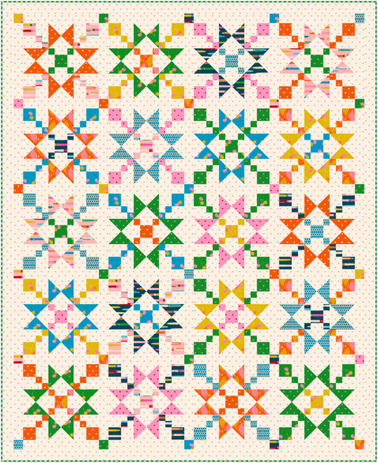 Colorful quilt with geometric pattern on a white background