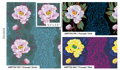 Floral and abstract patterned fabric swatches with measurements and product codes.