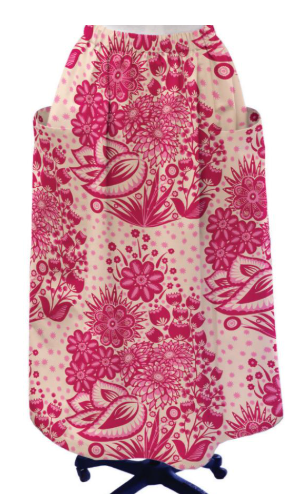Floral-patterned apron with pink/red flowers on a white background