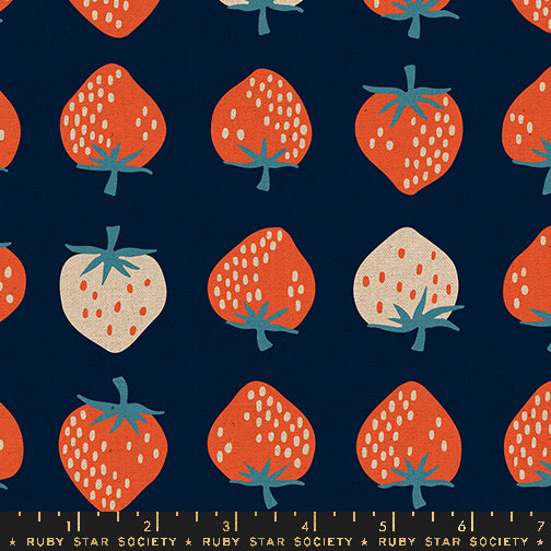 Navy dark blue novelty ruby star society strawberry canvas strawberry retro kitsch