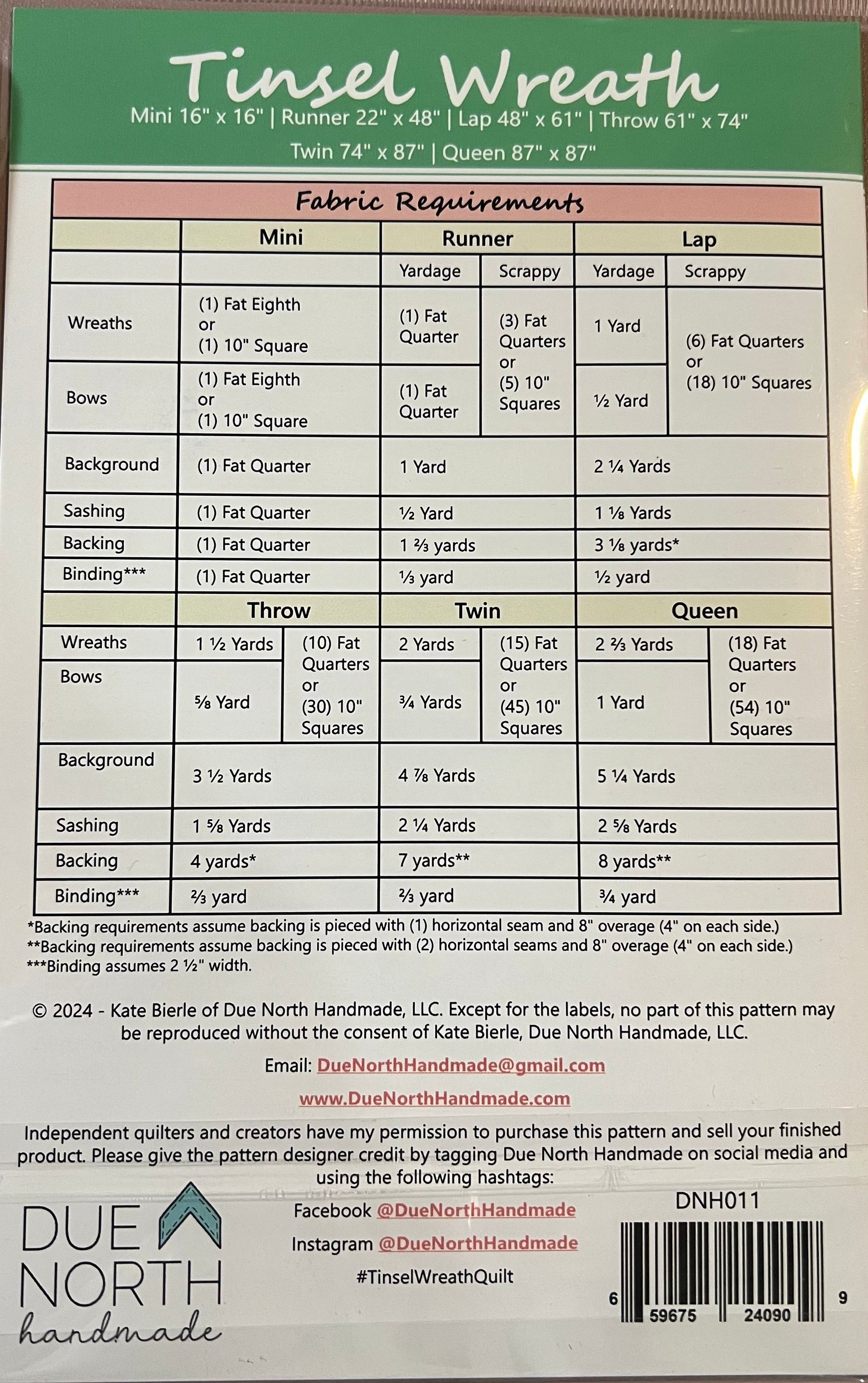 Fabric requirements chart for a tinsel wreath on a green label with text and a barcode.