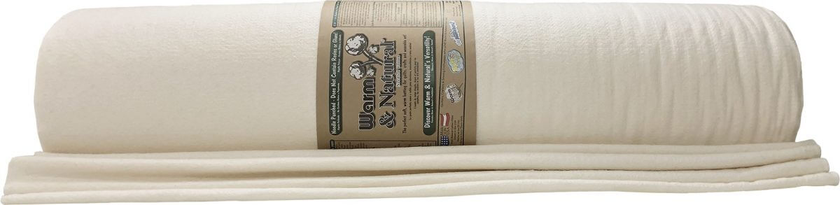 Roll of cotton batting with a brand label on a white background