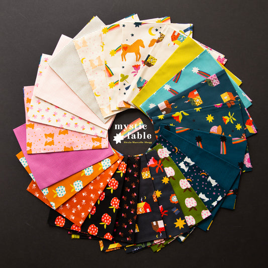 Collection of colorful fabric swatches arranged in a circular pattern with 'mystic table' by Alexia Marcelle Abegg Ruby Star